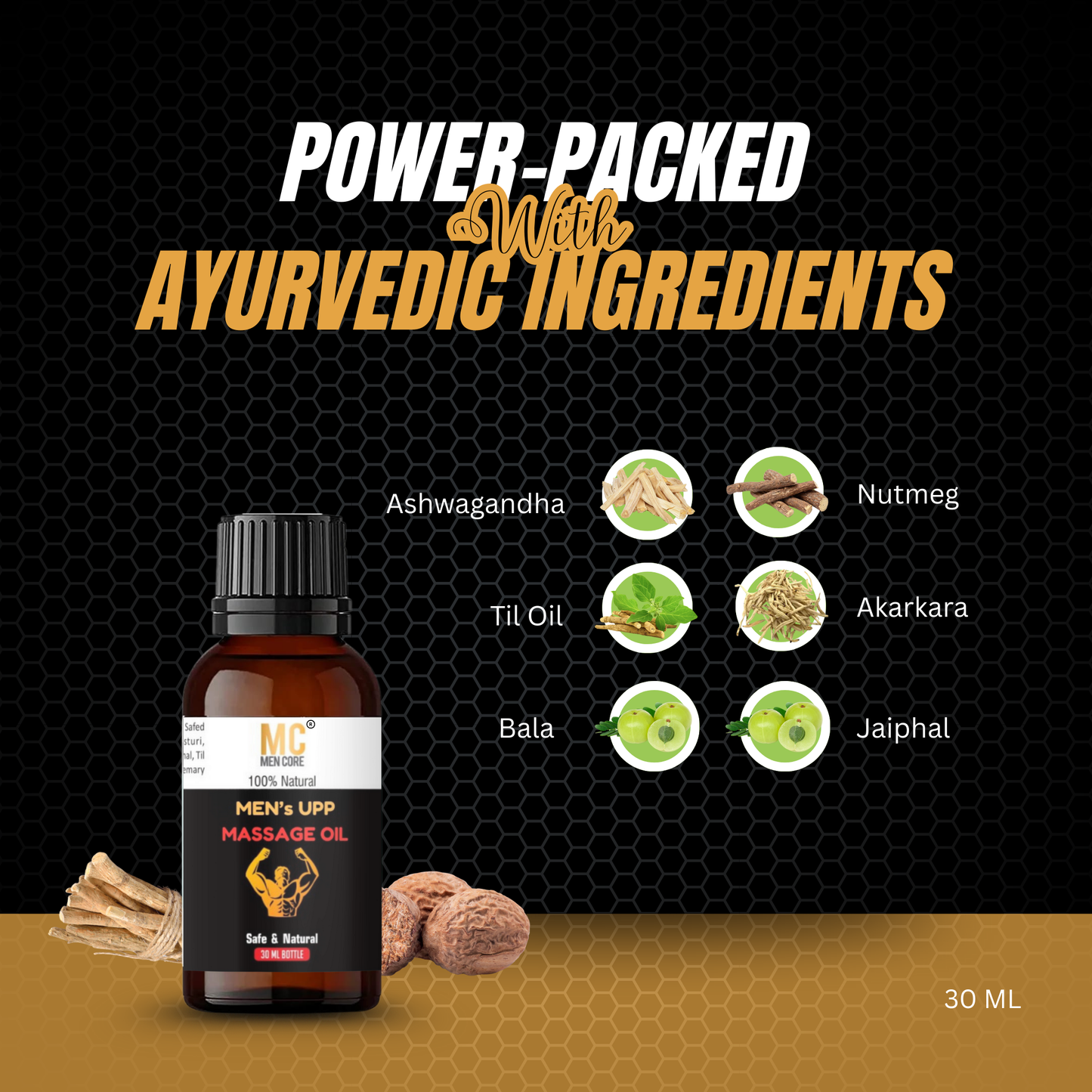 Men Core's Mens Upp Sensual Massage Oil for Muscle Growth & Relaxation – Ayurvedic Herbal Blend with Ashwagandha, Akarkara & Nutmeg – 30ml