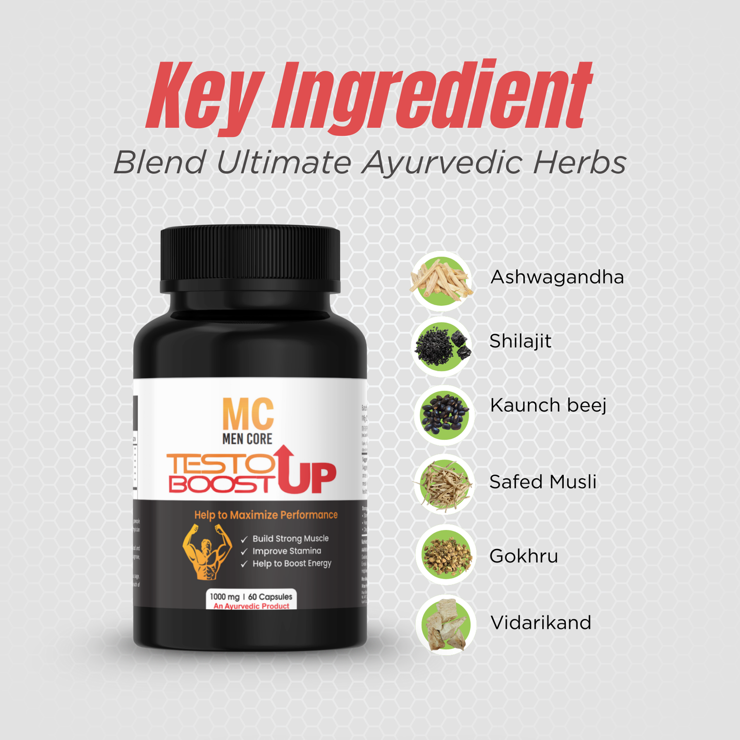 Men Core's Testo Boot Up – Herbal Supplement for Strength & Vitality (1000mg, 60 Capsules)