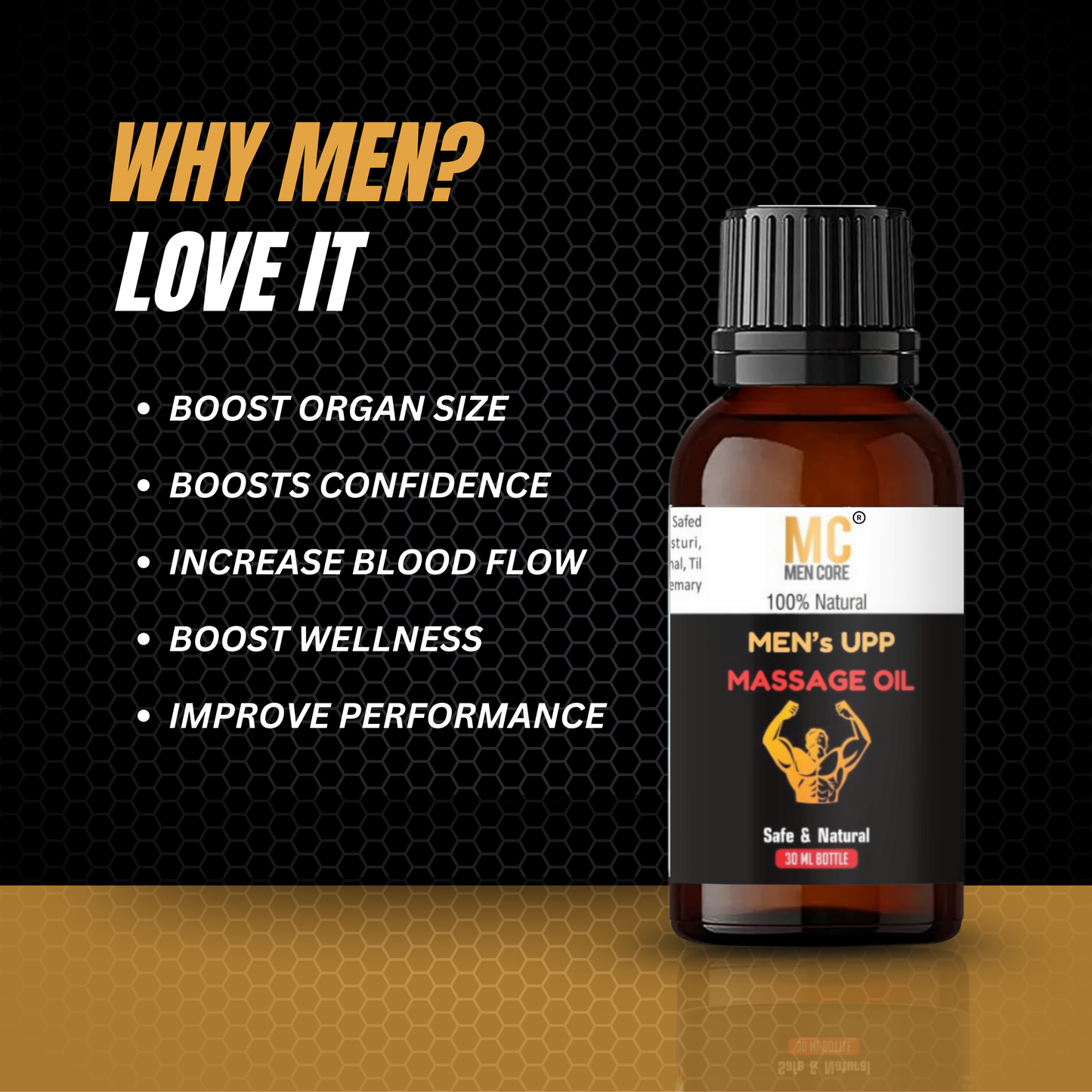Men Core's Mens Upp Sensual Massage Oil for Muscle Growth & Relaxation – Ayurvedic Herbal Blend with Ashwagandha, Akarkara & Nutmeg – 30ml